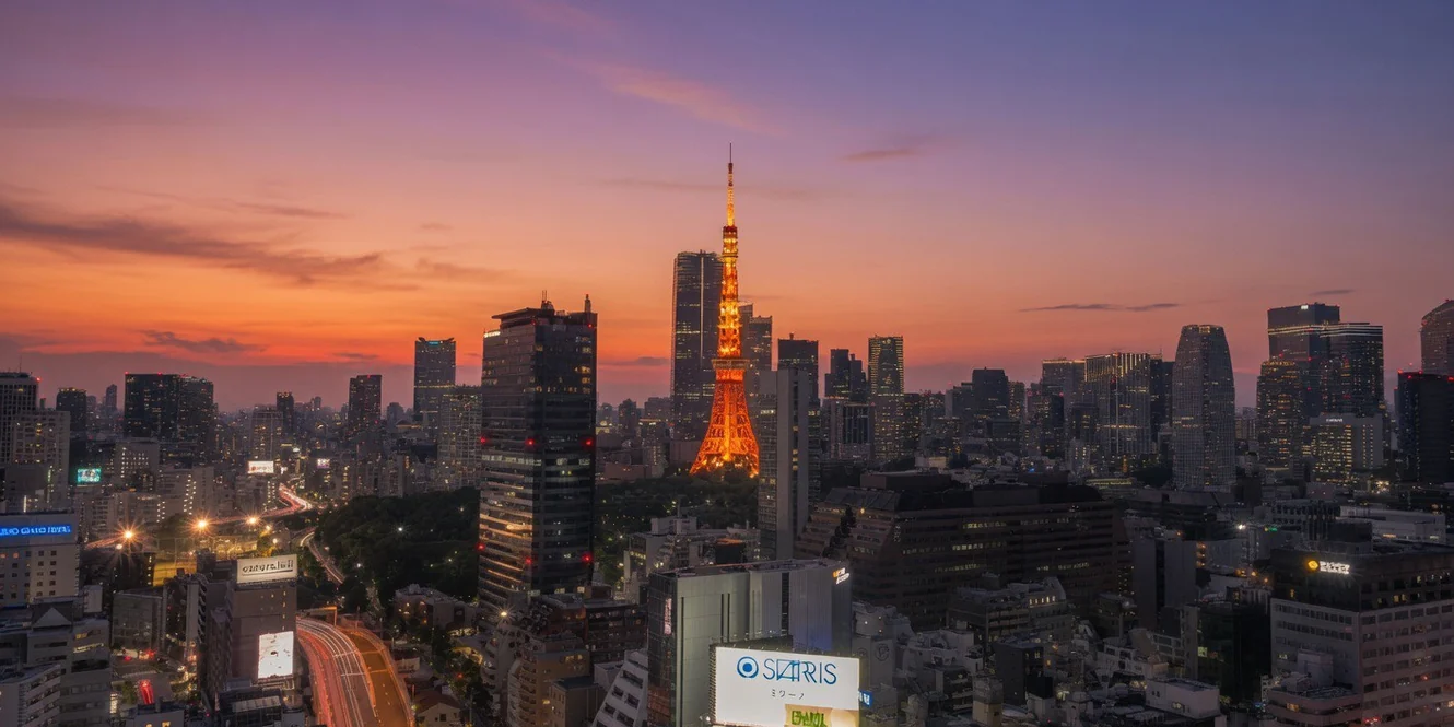 Tokyo Tower at dusk, seen from a balcony at CREST PRIME TOWER SHIBA